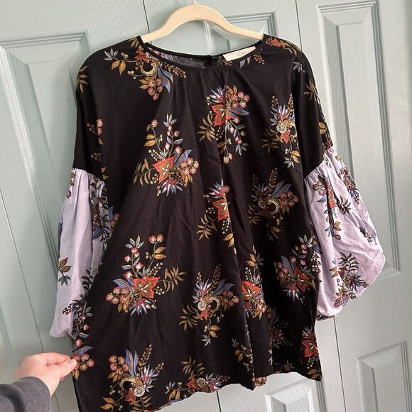 LOFT Womens Floral Puff Sleeve Blouse Large Button Back Cottagecore Black Blue - Picture 5 of 13